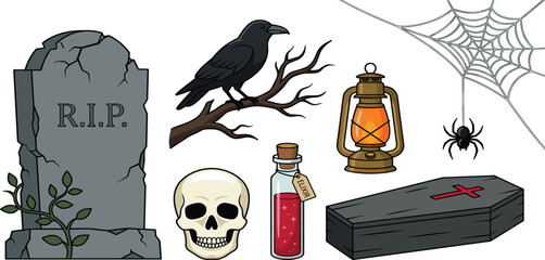 Obraz premium Spooky Halloween Vector Graphic Element Set Featuring Tombstone Raven Skull Potion Bottle Coffin Lantern and Spiderweb for Gothic Festive Designs