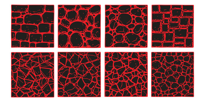 Set of abstract geometric patterns with dark stone shapes and glowing red neon lines