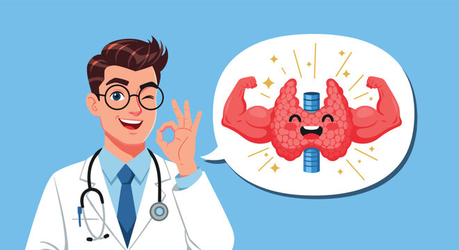 Happy male doctor winking and giving the ok gesture next to a thought bubble with a strong and healthy muscular thyroid.