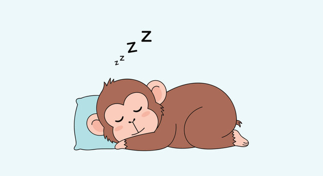 Cute brown monkey character sleeping peacefully on a soft blue pillow with zzz symbols indicating deep rest and slumber.