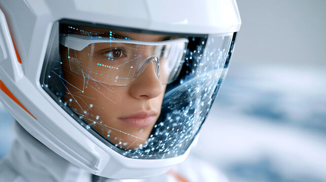 Close up portrait of a female astronaut wearing a high-tech visor with digital interface elements, showcasing advanced technology and futuristic design in a space-themed environment