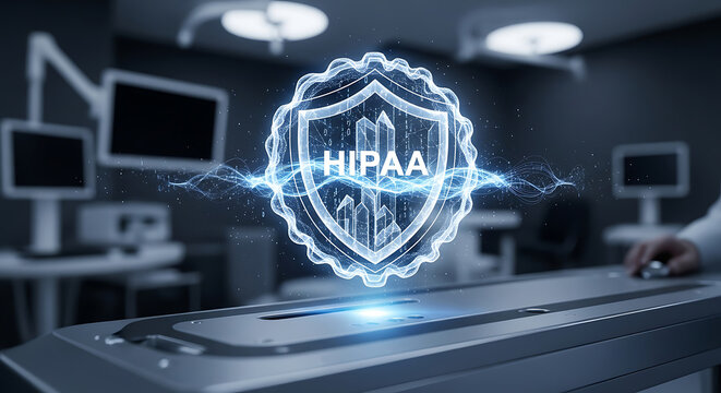 HIPAA Compliance Concept with Glowing Digital Shield Icon in Modern Medical Operating Room Environment for Healthcare Data Privacy and Security