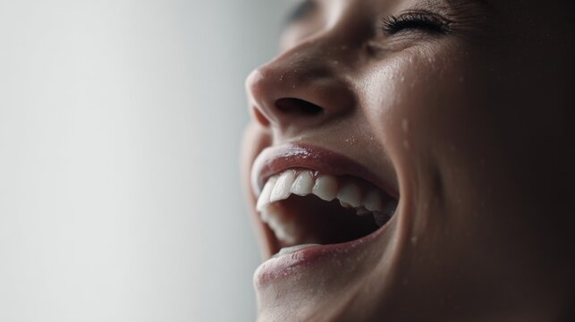 Close-up of a woman's joyful expression capturing happiness and laughter in a candid moment