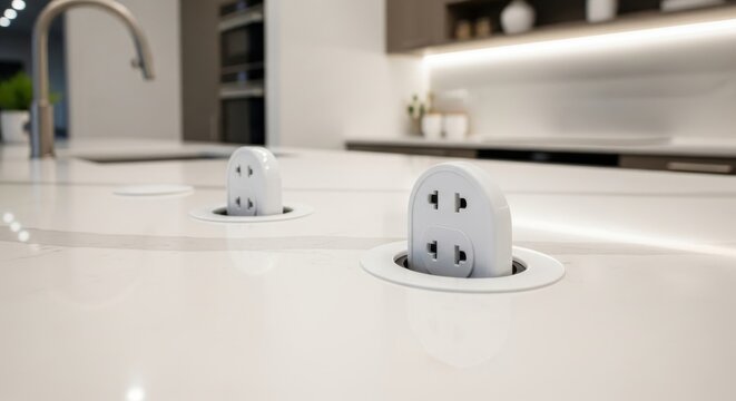 Modern kitchen countertop with discreet pop-up electrical outlets seamlessly integrated for convenient device charging