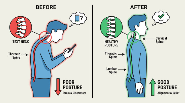 Spine Alignment Infographic Diagram Comparing Text Neck and Healthy Posture Vector Illustration