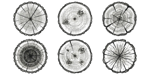 Set of six hand drawn tree ring cross sections showing wood grain texture and growth rings ©  Designer