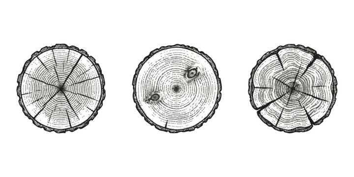 Three different circular wood log cross sections with tree rings in a hand drawn sketch style