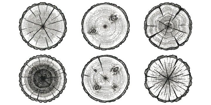 Set of six hand drawn tree ring cross sections showing wood grain texture and growth rings