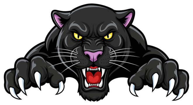 An aggressive black panther with sharp claws and teeth appears to pounce forward.