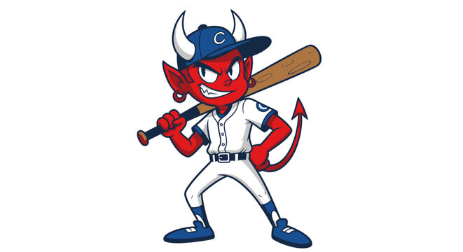 A cartoon devil mascot excitedly holds a baseball bat in a stadium.