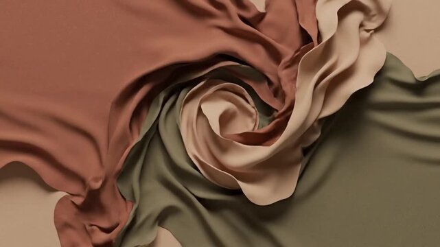 Abstract terracotta and sage green silk fabric swirling together on a beige background in elegant organic motion.