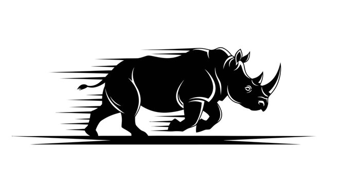 A black rhinoceros runs quickly across a plain landscape with motion lines.