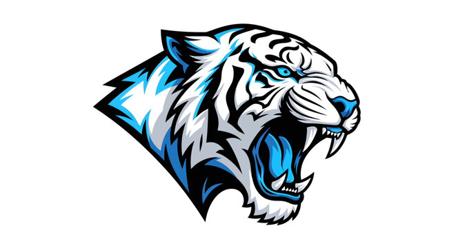 A fierce tiger head with blue eyes and sharp teeth is illustrated in a graphic design.