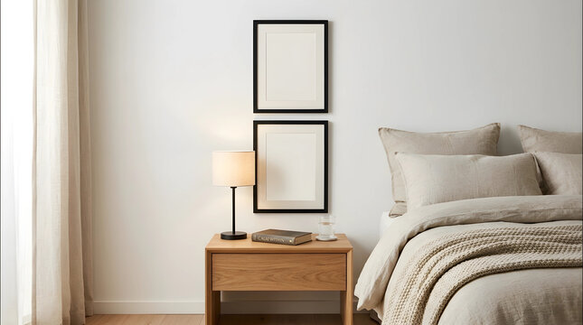 Cozy Minimalist Bedroom Interior with Neutral Bedding Nightstand Lamp and Two Vertical Frame Mockups