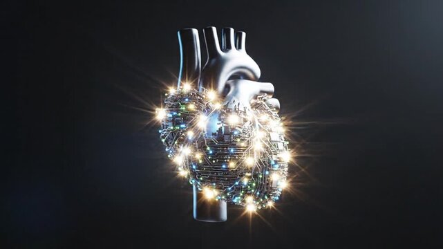 Futuristic Digital Heart Circuitry with Blue and Green Lights