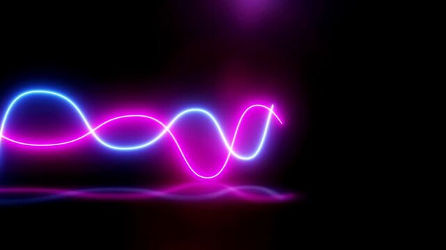 Abstract background consisting of interwoven glowing blue and magenta audio wave frequencies over a black surface.