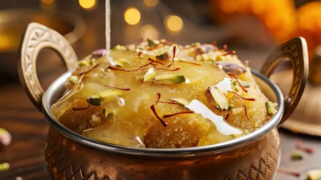 Pouring melted ghee over traditional Indian halwa dessert with pistachios.