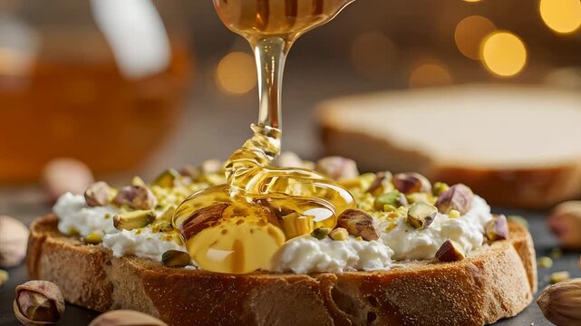 Macro golden honey dripping onto sourdough ricotta toast with pistachios