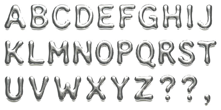 Shiny silver metallic alphabet letters and punctuation marks set