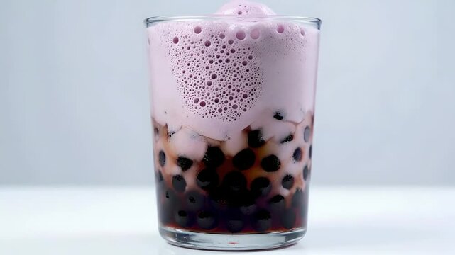 Pouring taro milk foam over black boba pearls in a glass on white background