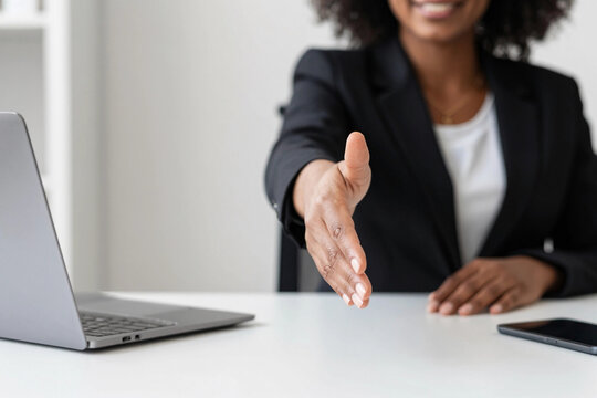 Cooperation concept. Cropped of black businesswoman extending hand for handshake at camera, sitting at desk in office. Lady entrepreneur offering partnership, greeting companion, copy space,