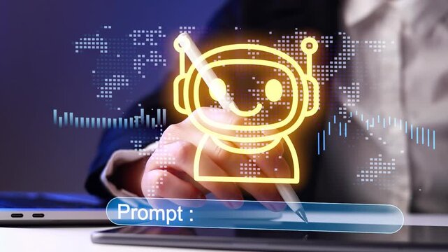 Creating chatbot design on a digital screen with a virtual assistant interface at a workspace during a daytime setting.