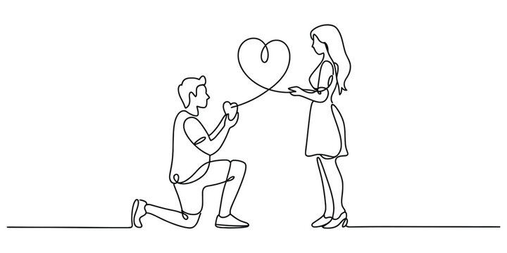 Man proposing to woman with heart shape continuous line art