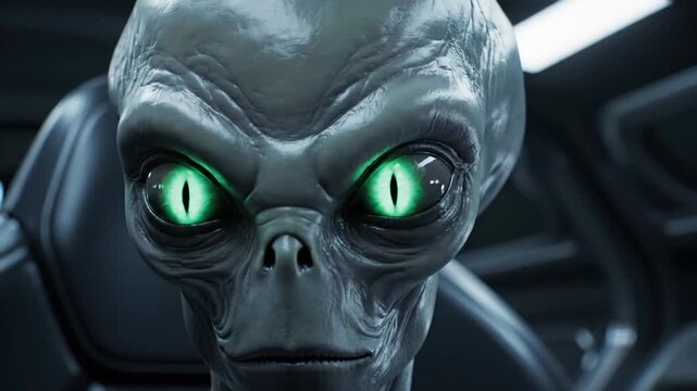 Close-up of an alien face with glowing green eyes, sci-fi concept