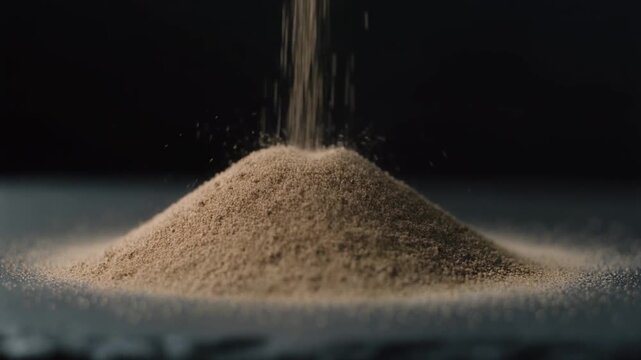 1.	Extreme close-up of black pepper powder pouring steadily onto a dark slate surface, forming a soft irregular mound with highly detailed coarse granules visible, sharp macro focus, shallow depth of 