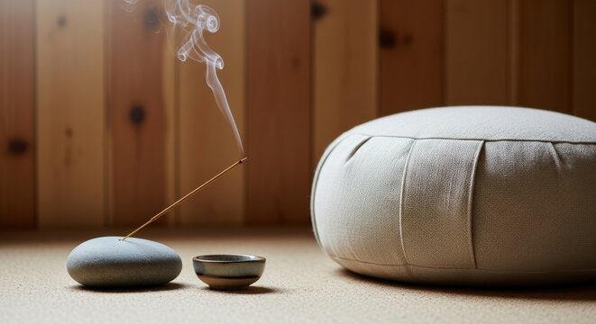 Tranquil Meditation Space with Burning Incense Stick and Zafu Cushion