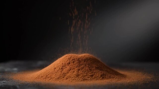 Soft spotlight illuminating fine cinnamon powder falling steadily onto a dark reflective stone surface, forming a smooth organic mound, controlled slow motion, minimal airborne granules, cinematic pus