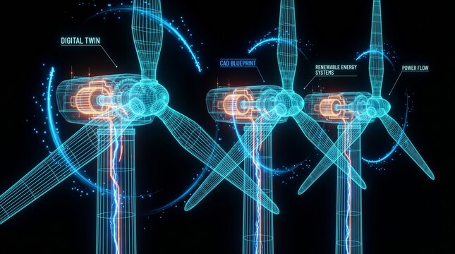 Futuristic 3D wireframe hologram of wind turbines. Digital twin, CAD blueprint, and renewable energy generation concept with glowing data infographics