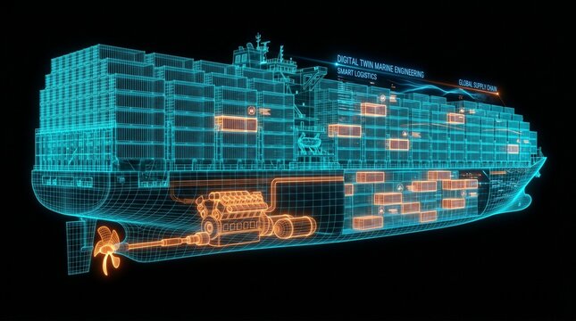Futuristic 3D wireframe hologram of a cargo container ship in cutaway view. Digital twin, smart logistics, and marine engineering concept
