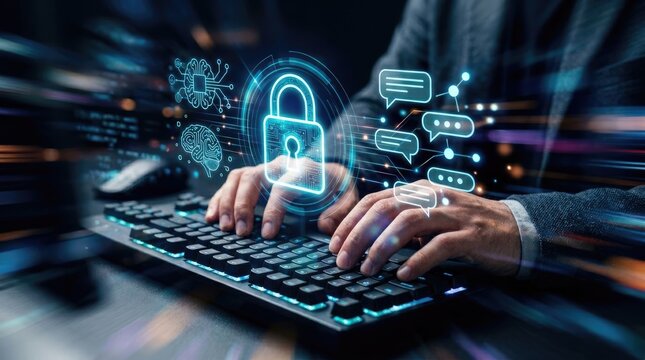 Cybersecurity Concept - Hands Typing on Keyboard with Digital Lock and Chat Icons.