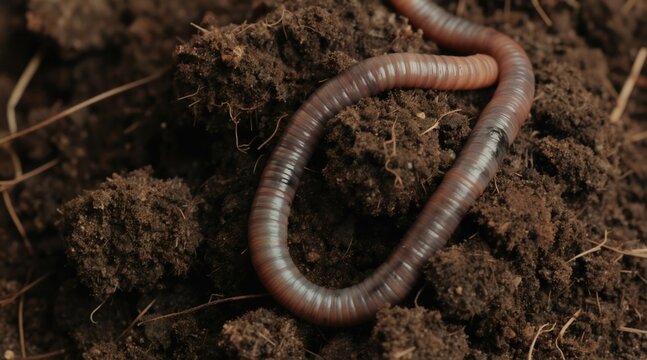 Brown earthworm crawls on moist soil. Segments visible on slimy invertebrate body. Worm lives in dark earth, aerates ground. Useful garden critter eats organic matter.