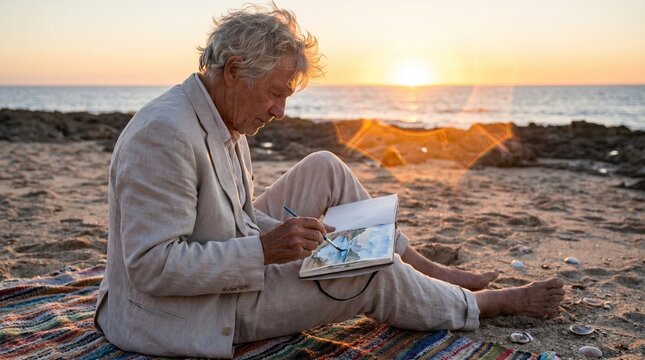 Elderly Man Relaxing and Painting Watercolors on a Rocky Beach