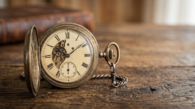 Antique Brass Pocket Watch on Dark Wooden Desk: Concept of Time Management and History