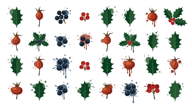 Ladybug and holly vector icons repeating pattern set.