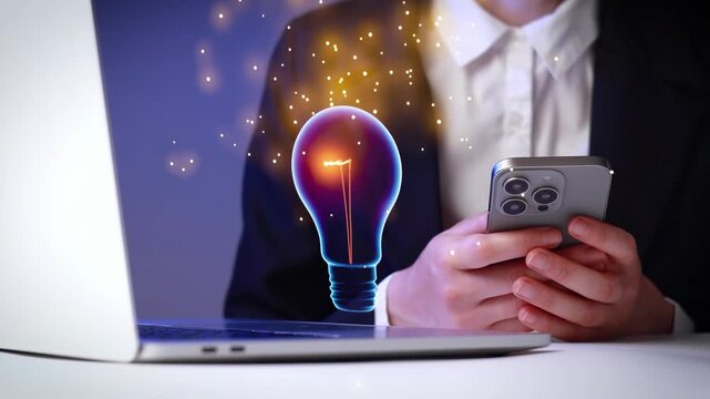 Hands hold smartphone and sit by laptop while light bulb glows above representing new ideas in a workspace.