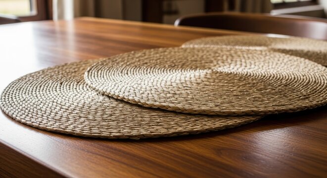 Woven raffia placemats with subtle texture laid out on a wooden dining table