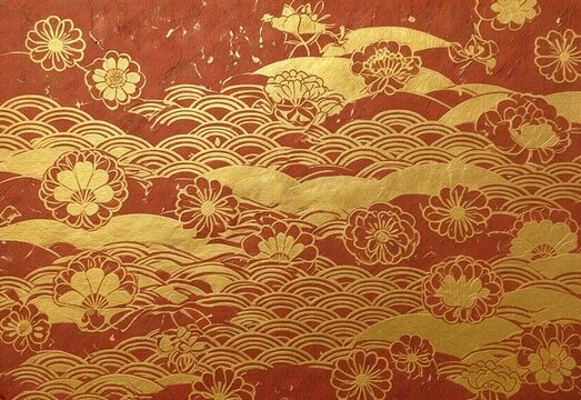 Japanese traditional gold pattern on red washi paper with waves and flowers