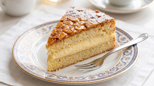 Slice of creamy honey almond cake on decorative plate with fork in bright natural light