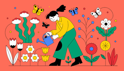 Fototapeta premium Very beautiful child watering colorful garden flowers with a small watering can, surrounded by buzzing butterflies and vibrant blossoms, learning patience, care, and appreciation for nature.