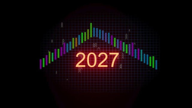 Market trends show data from 2027 with colorful bars and grid lines in a digital format.