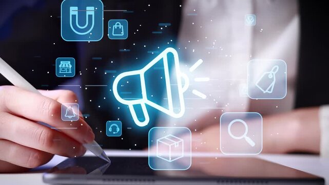 Businessperson writes on tablet while marketing and advertising symbols appear in background.