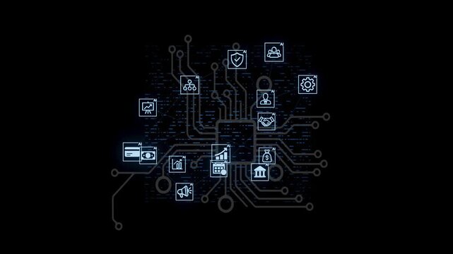 Visual of various technology icons arranged in a circuit pattern on a dark background during a digital representation of a business concept.