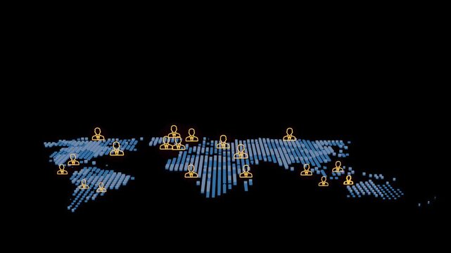 Global network of people shown on a digital map with colored data points in different locations reflecting connections.