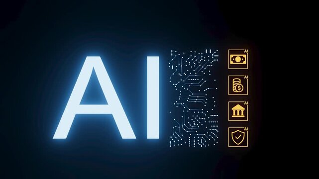 Artificial intelligence with circuit design and icons for finance, security, and institutions displayed on a dark background.
