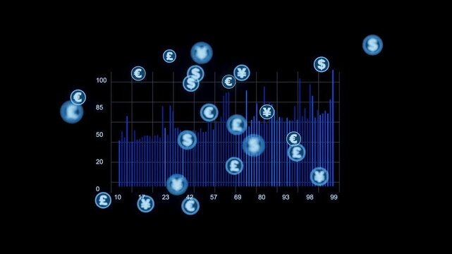 Financial data visualization shows currency symbols and chart trends in black background during digital analysis.