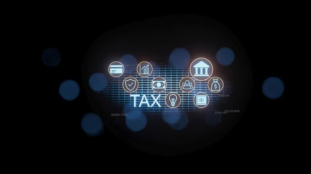 Visual of tax-related icons connecting finance and payment in a digital setting during the day.